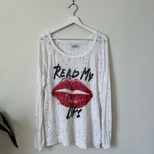Lauren Moshi Distressed Read My Lips Long Sleeve Top in White Size S